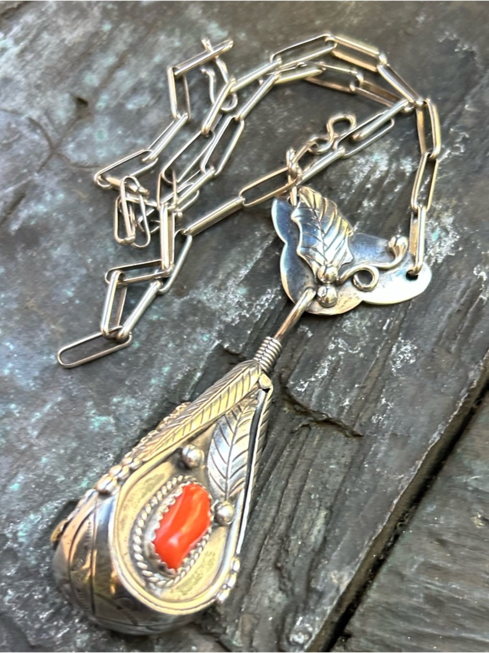 Artisan Juan Pedro Garcia sterling silver swiveling coral turquoise MOP Necklace - Picture 12 of 16